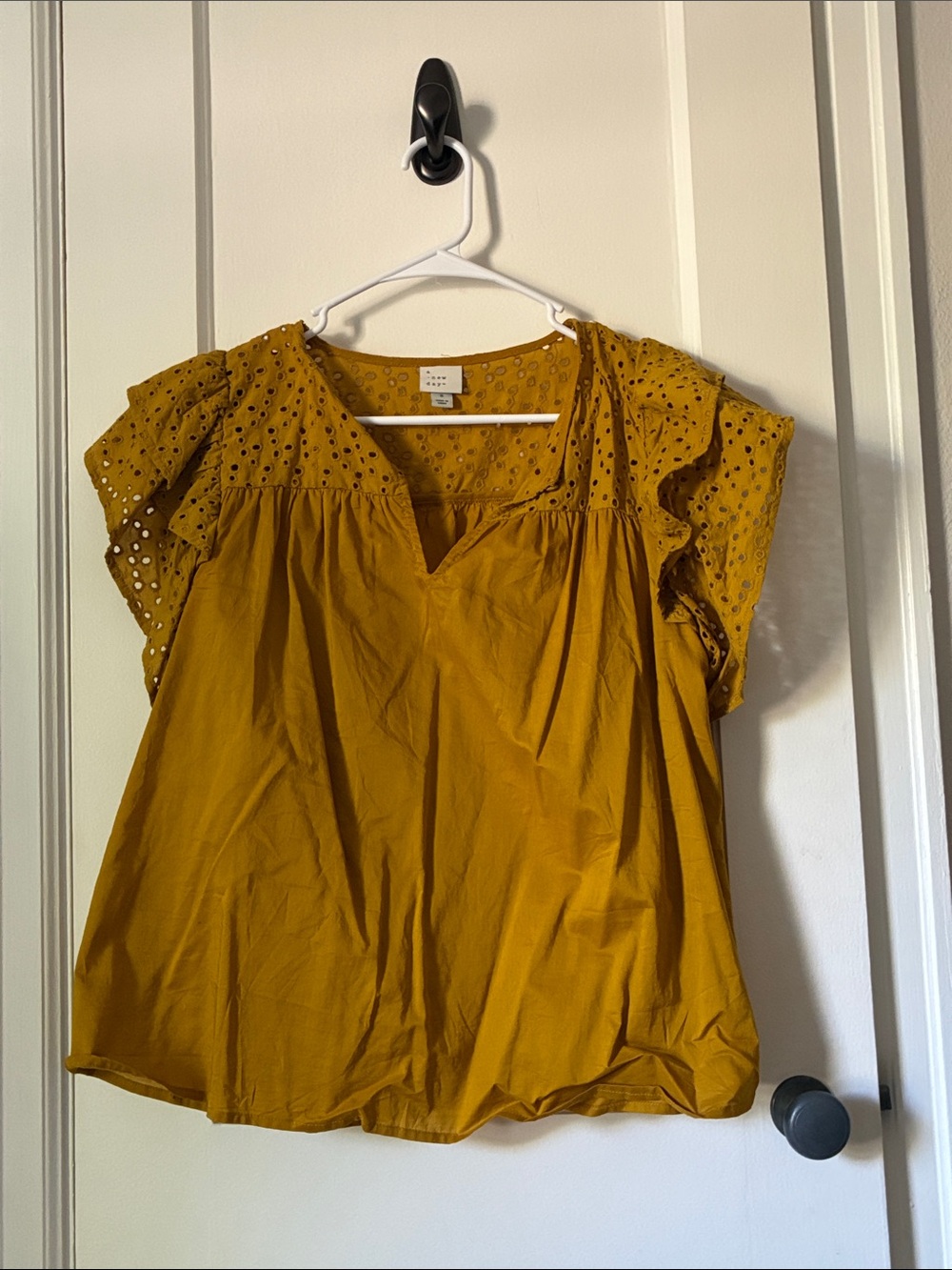 A New Day Mustard Eyelet Flutter Sleeve Women’s Top